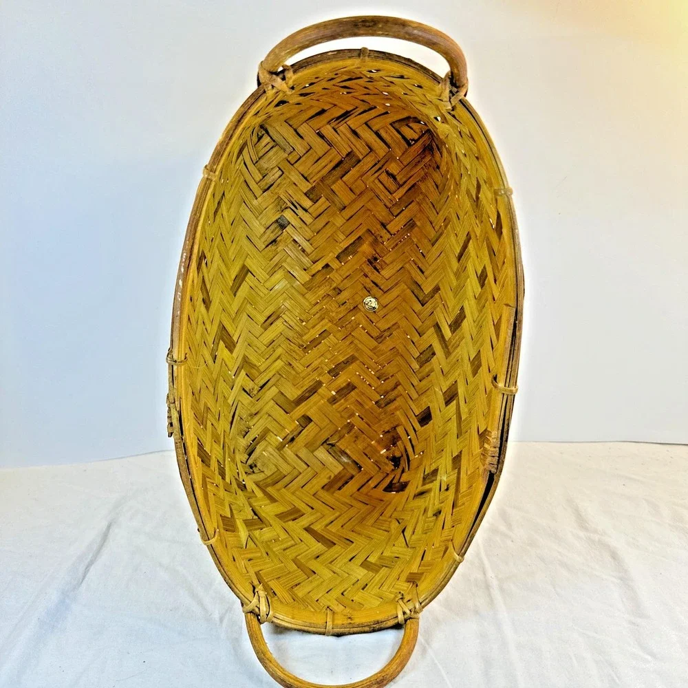 Vintage Handwoven Basket Philippines 12x7x6 Boho Herringbone Zigzag Woven EVC